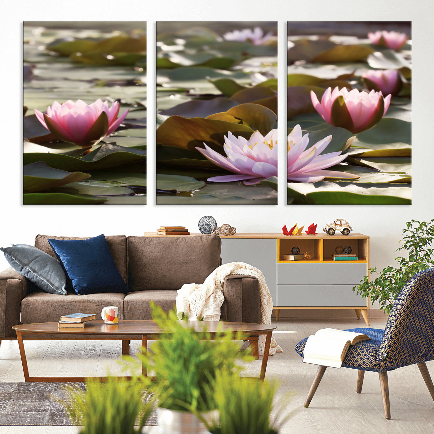 28394-MGV-CV-36X24-Water Lily Pond Wall Art – Pink Lotus Flowers Canvas Print with Green Lily Pads, Peaceful Botanical Artwork for Living Room,