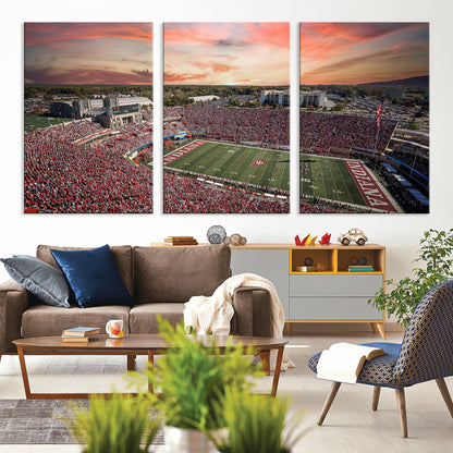 51135-MGV-CV-36X24-Indiana Hoosiers Stadium Wall Art – Panoramic Football Canvas Print with Game Day Crowd and Sunset Sky, Sports Artwork for Man