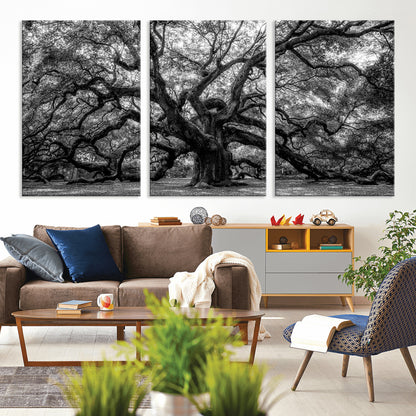 132944706-MGV-CV-36X24-Ancient Tree Wall Art – Black and White Photography Canvas Print Featuring Majestic Twisting Branches, Rustic Nature Artwork for