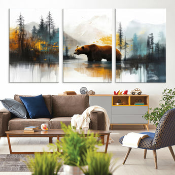 50308-MGV-CV-36X24-Abstract Rustic Bear Wall Art – Forest and Mountain Scene Canvas Print, Nature Artwork for Modern Farmhouse or Log Cabin Decor