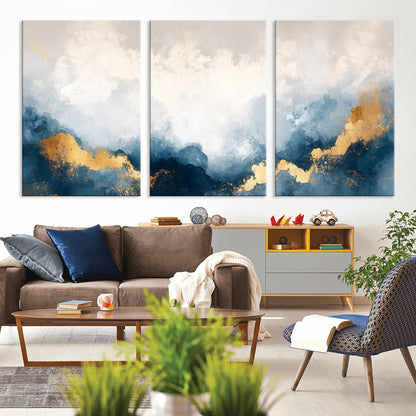 14578-MGV-CV-36X24-Abstract Wall Art – Modern Canvas Print Featuring Blue and White Clouds with Golden Accents, Contemporary Elegant Artwork for