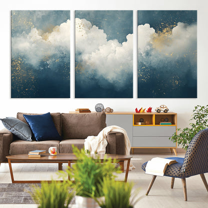 75131-MGV-CV-36X24-Abstract Cloud Wall Art – Modern Canvas Print Featuring Blue and White Clouds with Golden Accents, Contemporary Artwork for Living