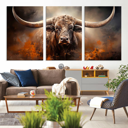 240479-MGV-CV-36X24-Longhorn Bull Wall Art – Dramatic Western Canvas Print Featuring Horned Bull with Fiery Background, Rustic Farmhouse Artwork for