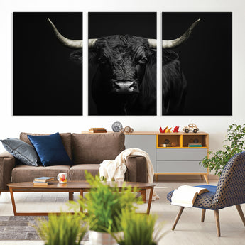 97914921-MGV-CV-36X24-Black Bull Wall Art Canvas Print, Framed Longhorn Bull Art Picture Print, Western Bull Perfect Monochrome Western Decor Artwork