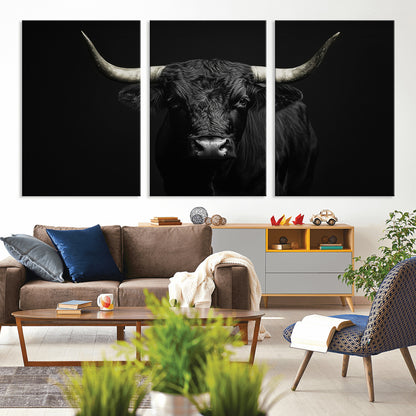 97914921-MGV-CV-36X24-Black Bull Wall Art Canvas Print, Framed Longhorn Bull Art Picture Print, Western Bull Perfect Monochrome Western Decor Artwork
