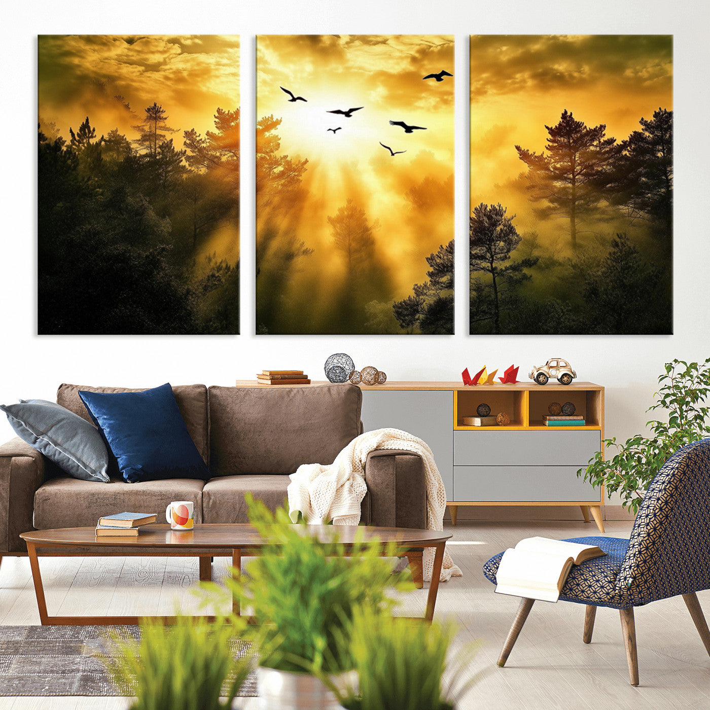 13776802-MGV-CV-36X24-Golden Forest Wall Art Canvas Print, Framed Sunset Pines Art Picture Print, Flying Birds Perfect Nature Glow Decor Artwork