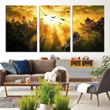 13776802-MGV-CV-36X24-Golden Forest Wall Art Canvas Print, Framed Sunset Pines Art Picture Print, Flying Birds Perfect Nature Glow Decor Artwork