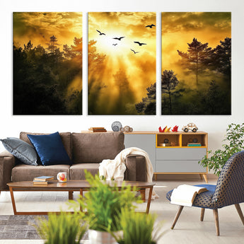 13776802-MGV-CV-36X24-Golden Forest Wall Art Canvas Print, Framed Sunset Pines Art Picture Print, Flying Birds Perfect Nature Glow Decor Artwork