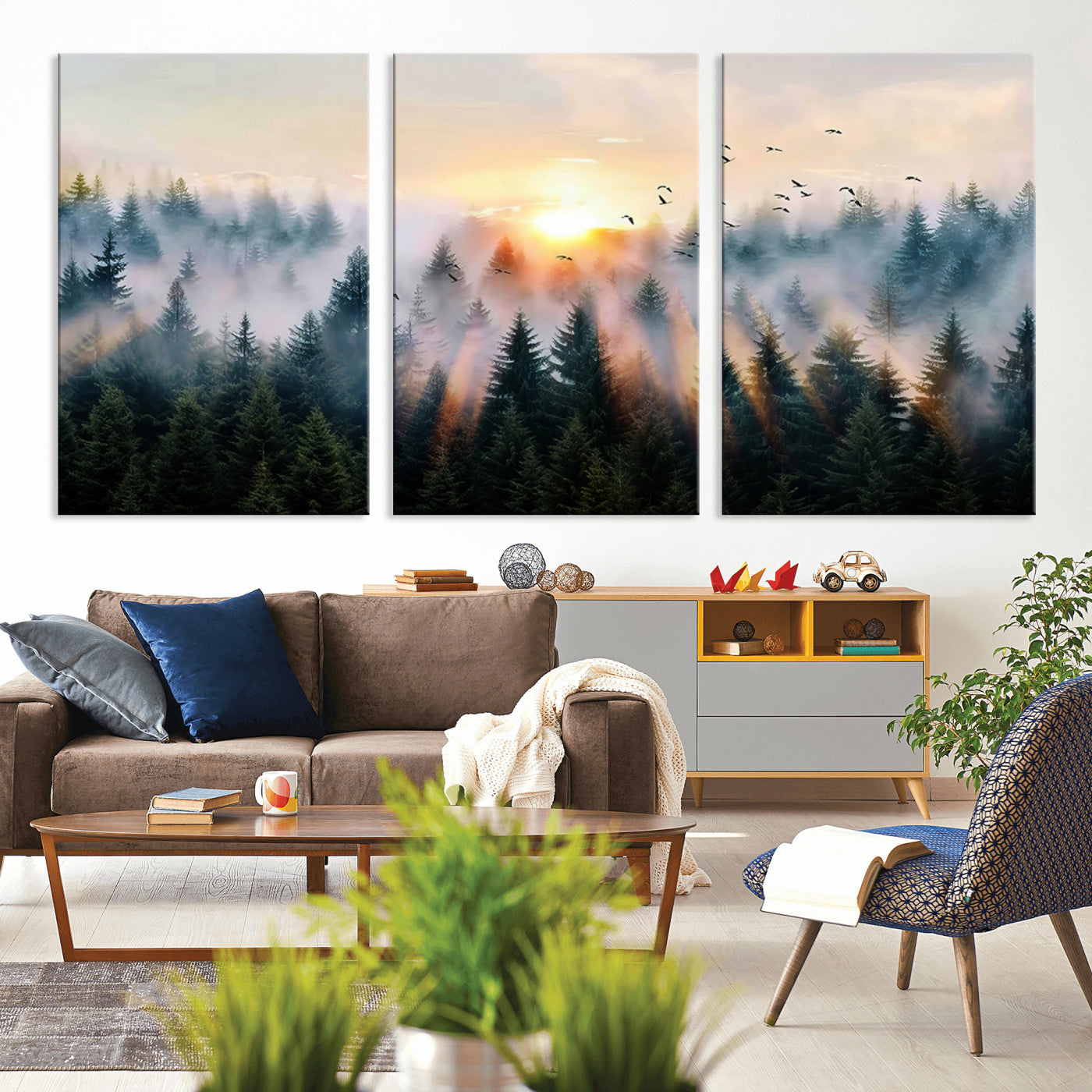 56391411-MGV-CV-36X24-Misty Forest Wall Art Canvas Print, Framed Sunrise Pines Art Picture Print, Moody Pines Perfect Serene Woodland Decor Artwork