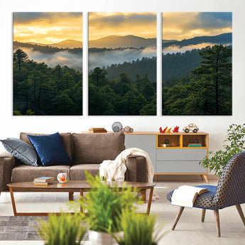68082278-MGV-CV-36X24-Mountain Sunrise Wall Art Canvas Print, Framed Pine Forest Art Picture Print, Misty Mountains Perfect Earthy Woodland Decor
