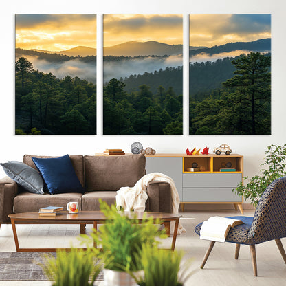 68082278-MGV-CV-36X24-Mountain Sunrise Wall Art Canvas Print, Framed Pine Forest Art Picture Print, Misty Mountains Perfect Earthy Woodland Decor