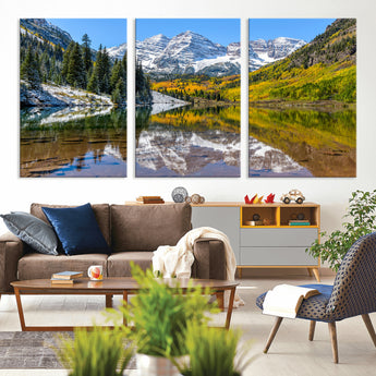 87724099-MGV-CV-36X24-Maroon Bells Wall Art Canvas Print, Framed Snowy Mountains Art Picture Print, Pine Forest Perfect Vibrant Alpine Decor Artwork