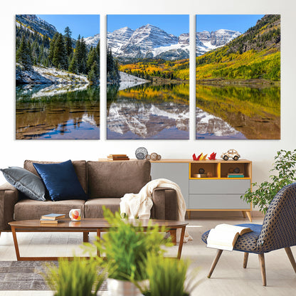 87724099-MGV-CV-36X24-Maroon Bells Wall Art Canvas Print, Framed Snowy Mountains Art Picture Print, Pine Forest Perfect Vibrant Alpine Decor Artwork