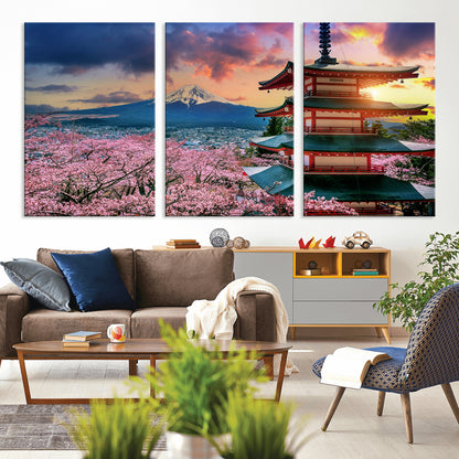 32331262-MGV-CV-36X24-Mount Fuji Japan Wall Art – Cherry Blossom Landscape Canvas Print, Chureito Pagoda Sunset Photography, Japanese Nature Travel