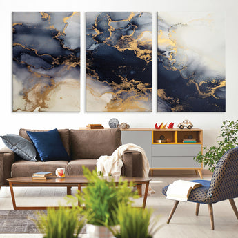 41136487-MGV-CV-36X24-Black Marble Wall Art Canvas Print, Framed Gold Veins Art Picture Print, Abstract Texture Perfect Moody Luxe Decor Artwork