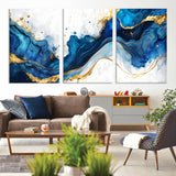 33506371-MGV-CV-36X24-Blue Marble Wall Art Canvas Print, Framed Gold Splash Art Picture Print, Abstract Wave Perfect Modern Luxe Decor Artwork