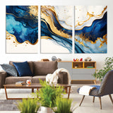 60283636-MGV-CV-36X24-Blue Gold Flow Wall Art Canvas Print, Framed Marble Texture Art Picture Print, Elegant Splash Perfect Elegant Abstract Decor