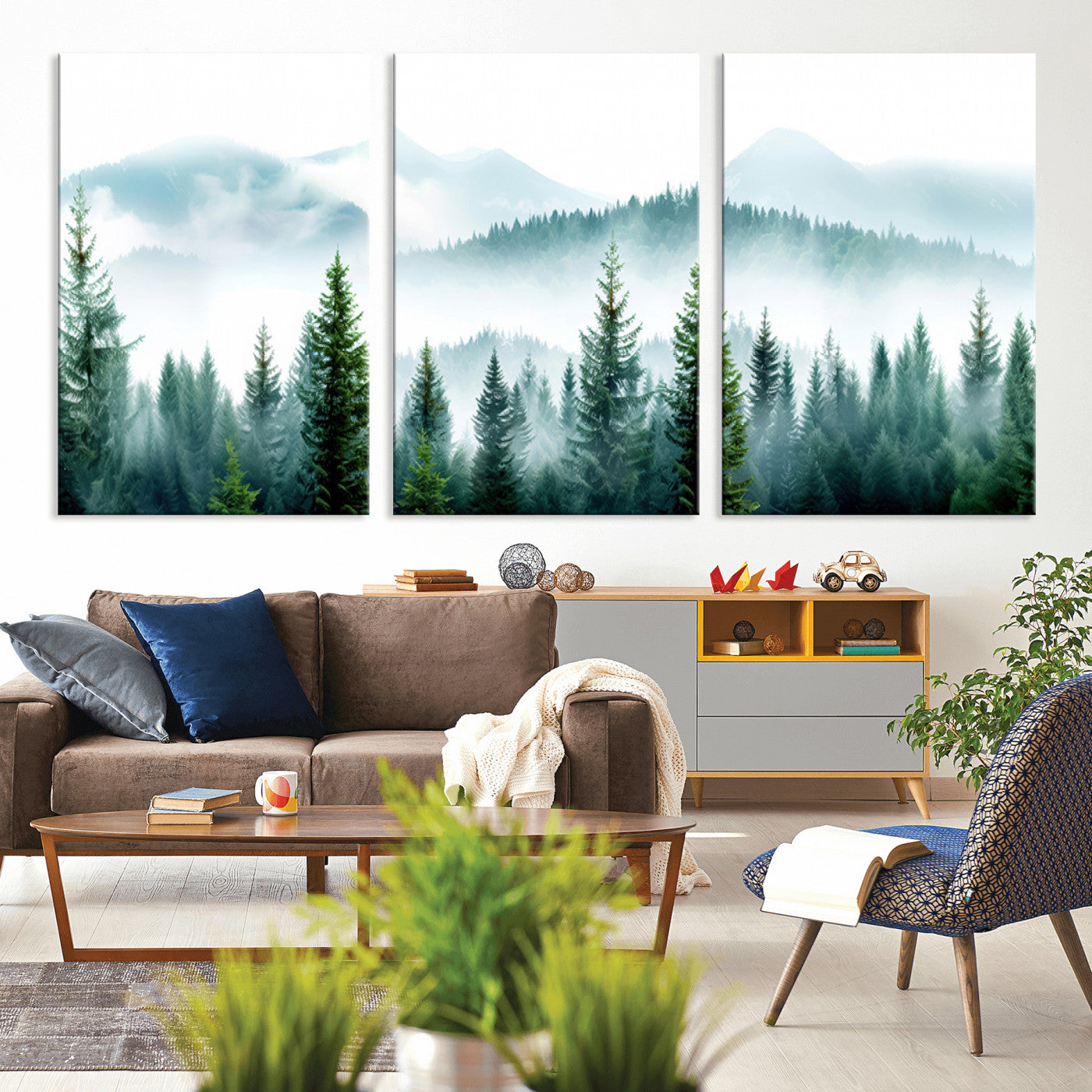 16716676-MGV-CV-36X24-Pine Forest Wall Art Canvas Print, Framed Misty Mountains Art Picture Print, Foggy Trees Perfect Moody Forest Decor Artwork