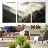 57570237-MGV-CV-36X24-Misty Valley Wall Art Canvas Print, Framed Foggy Forest Art Picture Print, Pine Trees Perfect Moody Woodland Decor Artwork