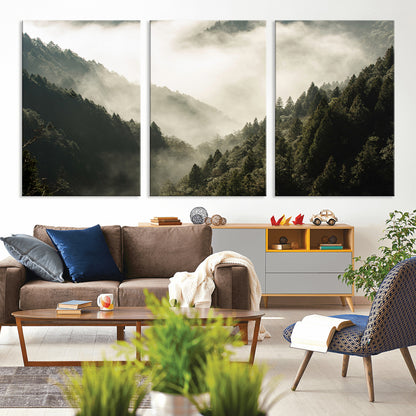 57570237-MGV-CV-36X24-Misty Valley Wall Art Canvas Print, Framed Foggy Forest Art Picture Print, Pine Trees Perfect Moody Woodland Decor Artwork
