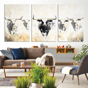 40397799-MGV-CV-36X24-Texas Longhorn Wall Art Canvas Print, Framed Rustic Herd Art Picture Print, Western Bull Perfect Neutral Western Decor Artwork