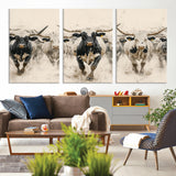 61538944-MGV-CV-36X24-Texas Longhorn Wall Art Canvas Print, Framed Cattles Walking Art Picture Print, Black White Bulls Perfect Rustic Western Decor