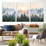 92718976-MGV-CV-36X24-Misty Forest Wall Art Canvas Print, Framed Sunrise Pines Art Picture Print, Foggy Woodland Perfect Moody Woodland Decor Artwork