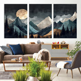 11060882-MGV-CV-36X24-Moonlit Mountains Wall Art Canvas Print, Framed Forest Silhouette Art Picture Print, Night Landscape Perfect Modern Forest Decor
