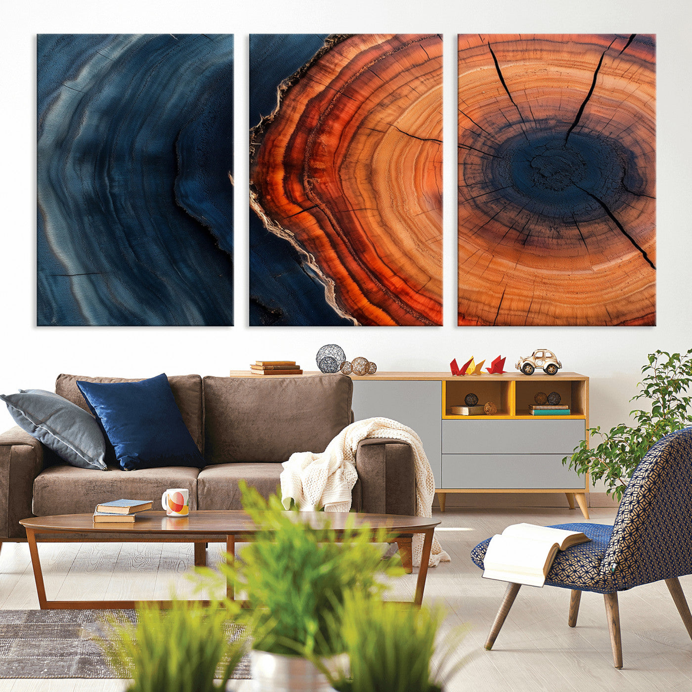 57732250-MGV-CV-36X24-Tree Ring Abstract Wall Art – Blue Orange Wood Grain Canvas Print, Modern Rustic Nature Artwork for Living Room, Office,