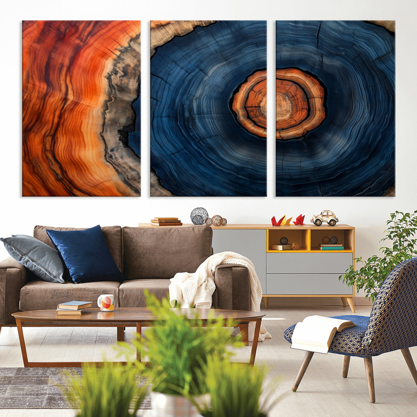 72209152-MGV-CV-36X24-Abstract Tree Ring Wall Art – Vibrant Blue Orange Wood Grain Canvas Print, Rustic Modern Nature Artwork for Living Room, Office,