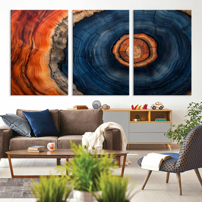 72209152-MGV-CV-36X24-Abstract Tree Ring Wall Art – Vibrant Blue Orange Wood Grain Canvas Print, Rustic Modern Nature Artwork for Living Room, Office,
