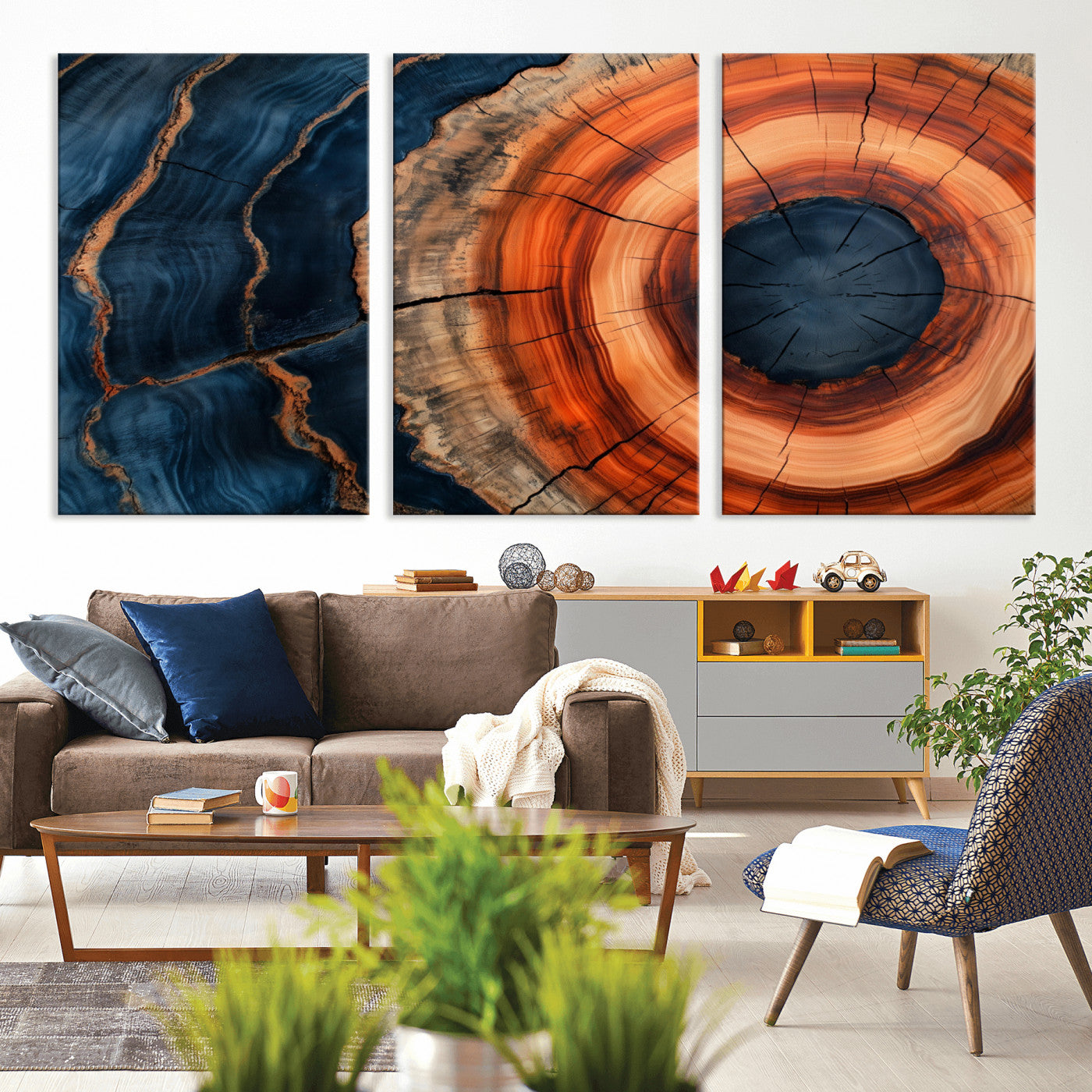41123192-MGV-CV-36X24-Tree Ring Canvas Wall Art – Abstract Blue Orange Wood Grain Print, Rustic Modern Nature Artwork for Living Room, Bedroom, Office