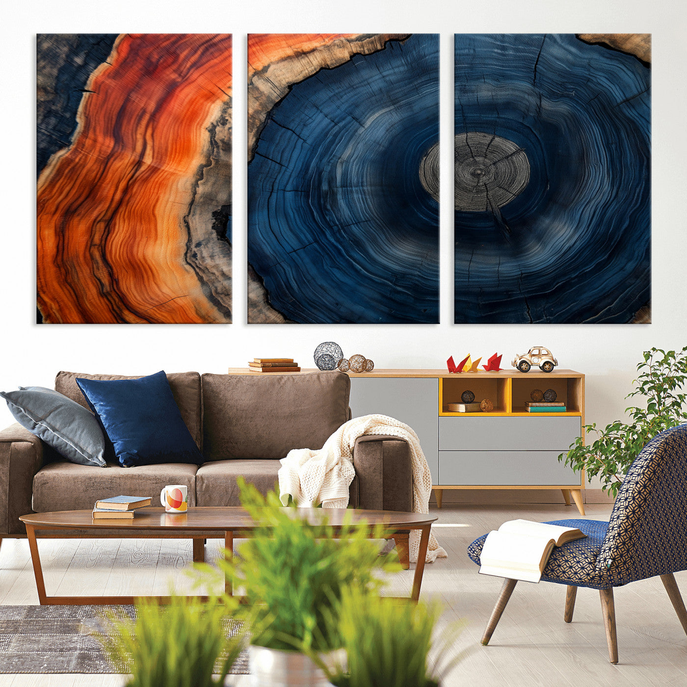 99491700-MGV-CV-36X24-Tree Ring Canvas Wall Art – Blue Orange Abstract Wood Grain Print, Rustic Modern Nature Artwork for Living Room, Office, Bedroom