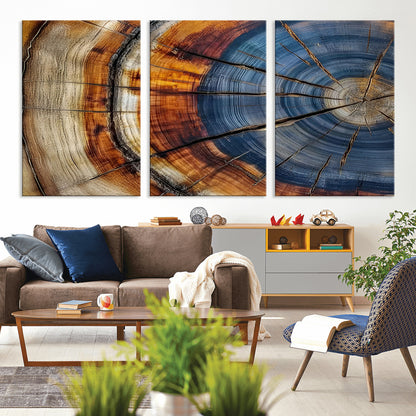 18032999-MGV-CV-36X24-Tree Ring Wall Art – Blue Brown Abstract Wood Slice Canvas Print, Rustic Modern Nature Decor for Living Room, Office, Bedroom or