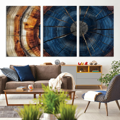 60099360-MGV-CV-36X24-Blue Tree Ring Wall Art – Rustic Wood Grain Canvas Print, Modern Abstract Artwork with Natural Texture for Living Room, Bedroom,