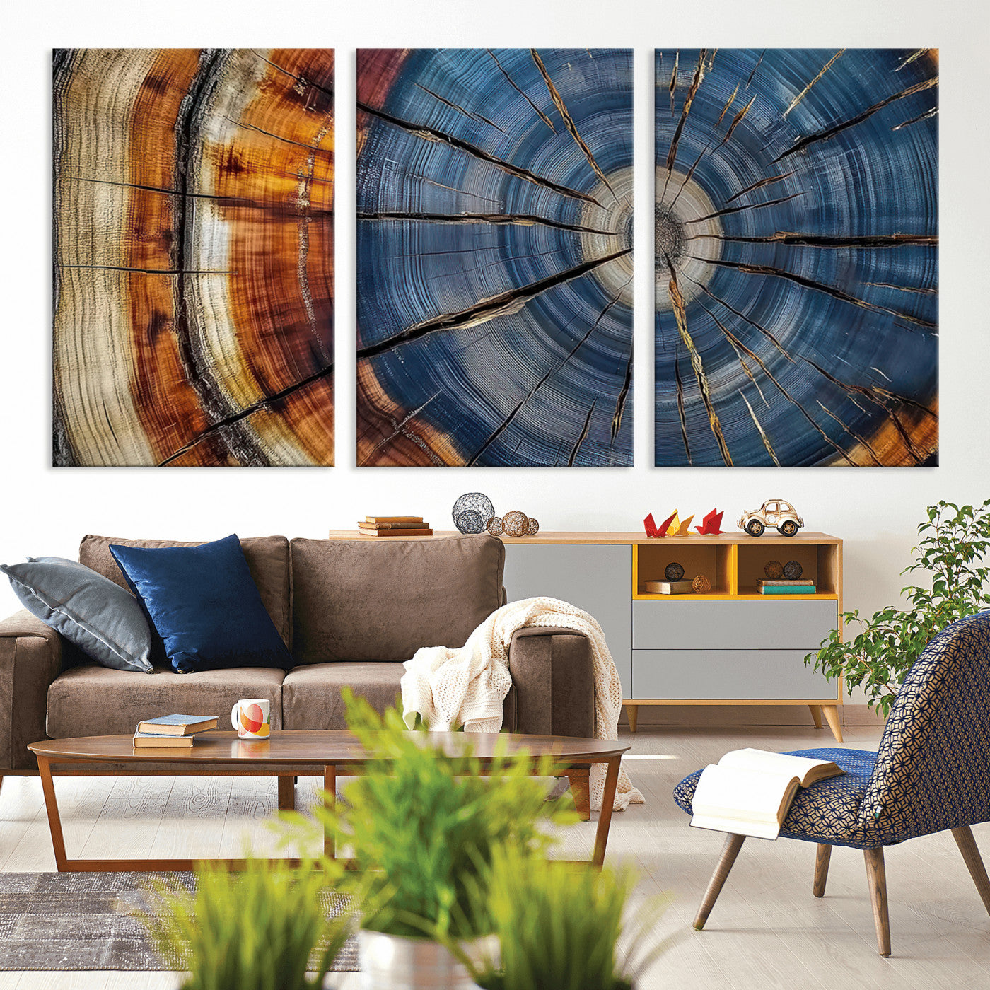 82059233-MGV-CV-36X24-Rustic Tree Ring Wall Art – Natural Wood Texture Canvas Print, Framed Abstract Tree Stump for Farmhouse, Log Cabin, Wooden House