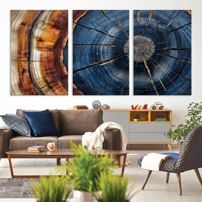 45268471-MGV-CV-36X24-Blue Tree Ring Wall Art – Rustic Wood Cross Section Canvas Print, Modern Abstract Nature Decor for Living Room, Office, or Cabin
