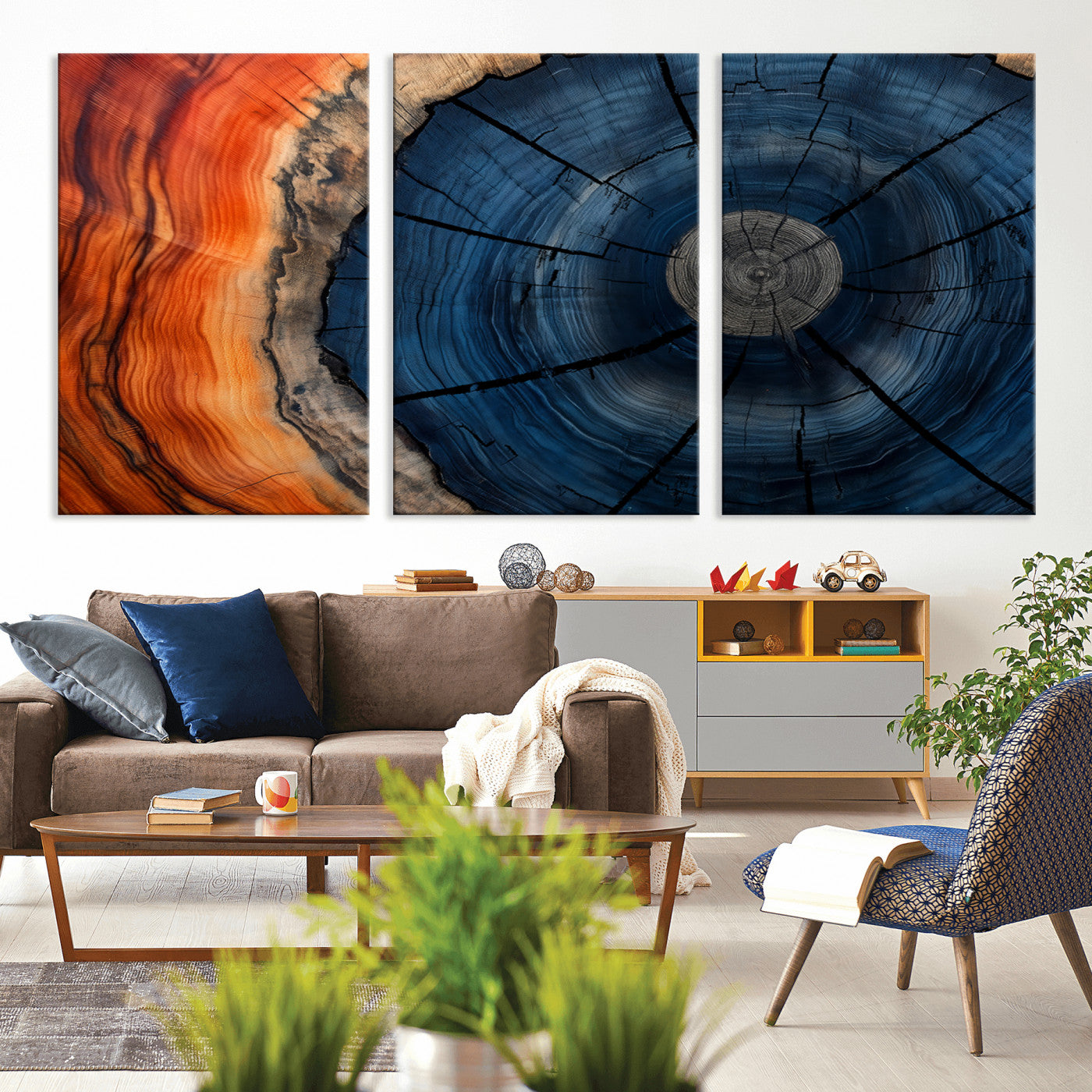 26110607-MGV-CV-36X24-Blue and Orange Tree Ring Wall Art – Abstract Wood Cross Section Canvas Print, Modern Rustic Nature Decor for Living Room, Office,