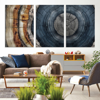 91368647-MGV-CV-36X24-Smoky Blue Tree Ring Wall Art – Rustic Wood Cross Section Canvas Print, Modern Nature Inspired Decor for Living Room, Office, or