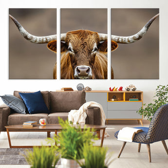12179171-MGV-CV-36X24-Texas Longhorn Wall Art Canvas Print, Framed Brown Bull Art Picture Print, Lone Cattle Perfect Rustic Western Decor Artwork