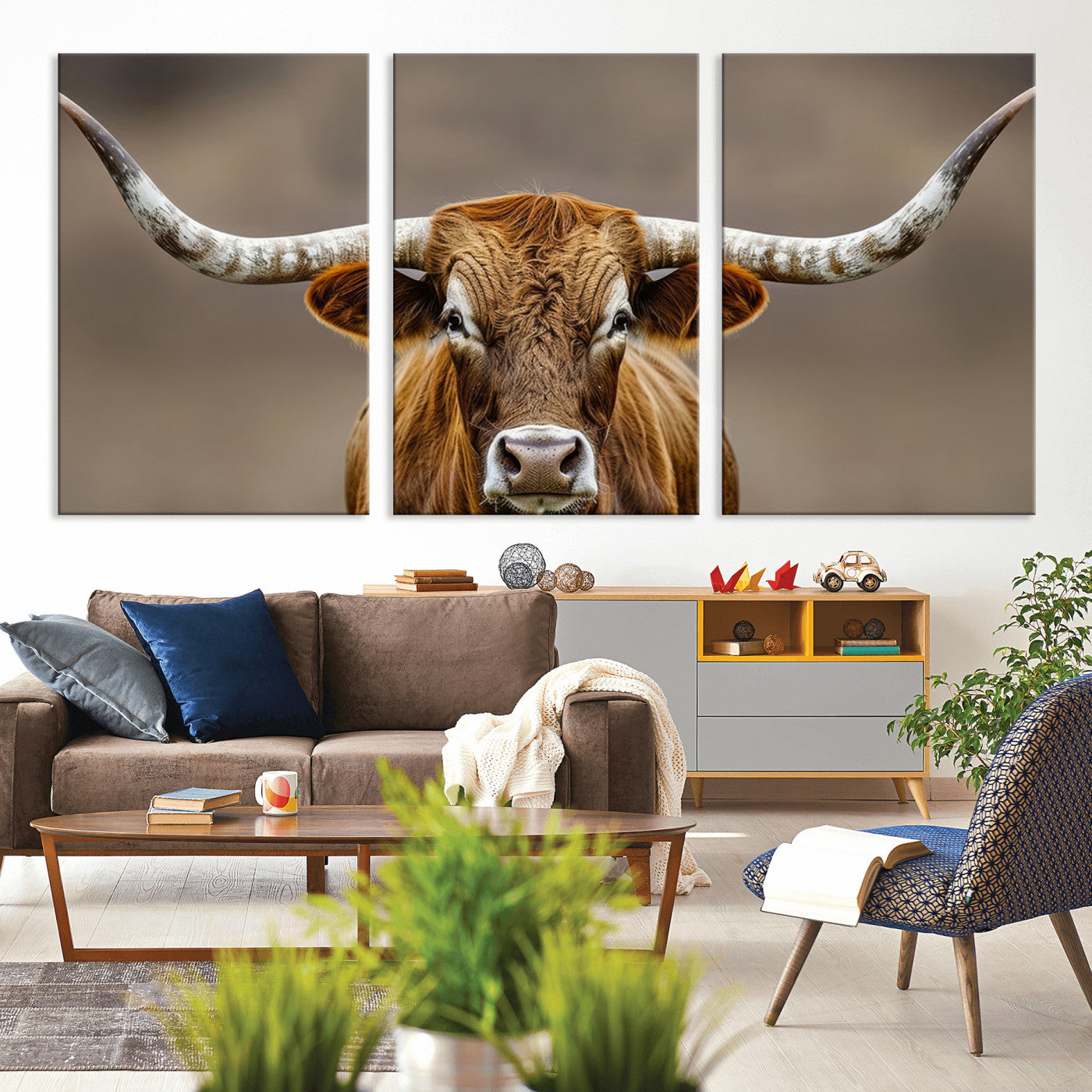 12179171-MGV-CV-36X24-Texas Longhorn Wall Art Canvas Print, Framed Brown Bull Art Picture Print, Lone Cattle Perfect Rustic Western Decor Artwork