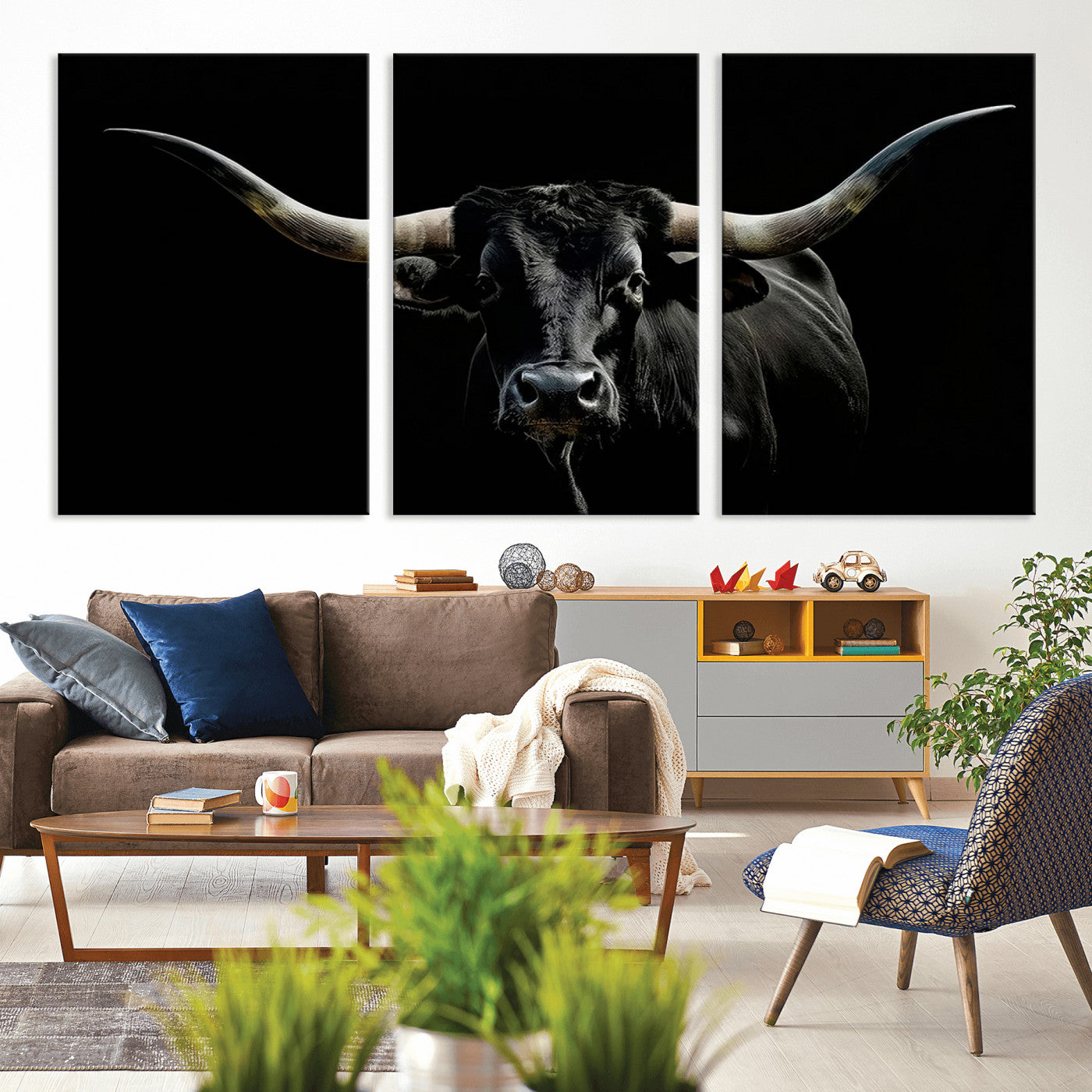 37531960-MGV-CV-36X24-Black Longhorn Bull Wall Art – Dramatic Western Cattle Canvas Print, Rustic Farmhouse Animal Artwork for Living Room, Bedroom,