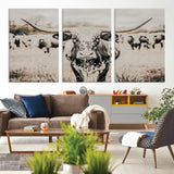 27497342-MGV-CV-36X24-Texas Longhorn Wall Art Canvas Print, Framed Speckled Cow Art Picture Print, Horned Cattle Perfect Rustic Western Decor Artwork