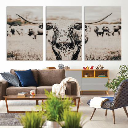 27497342-MGV-CV-36X24-Texas Longhorn Wall Art Canvas Print, Framed Speckled Cow Art Picture Print, Horned Cattle Perfect Rustic Western Decor Artwork