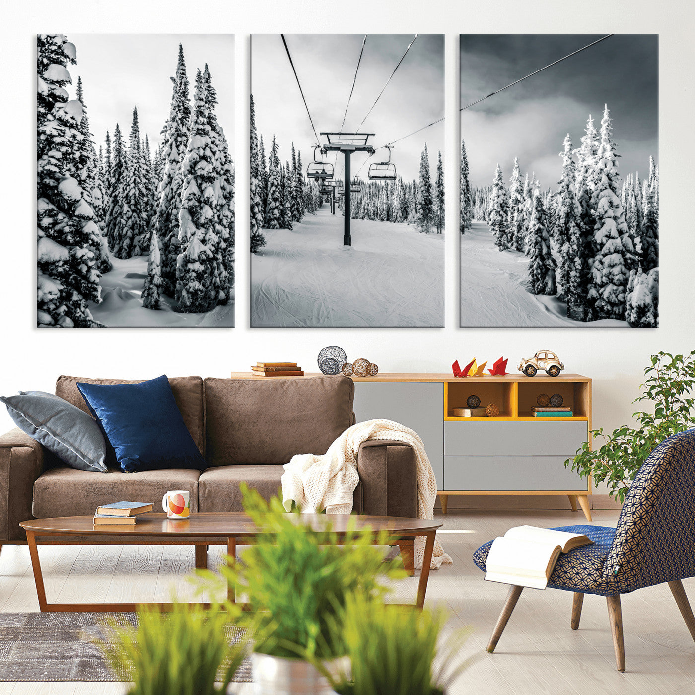 31156828-MGV-CV-36X24-Snowy Pines Wall Art Canvas Print, Framed Ski Lift Art Picture Print, Winter Forest Perfect Moody Lodge Decor Artwork