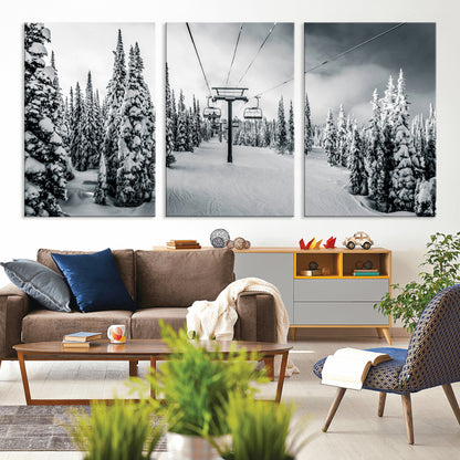 31156828-MGV-CV-36X24-Snowy Pines Wall Art Canvas Print, Framed Ski Lift Art Picture Print, Winter Forest Perfect Moody Lodge Decor Artwork