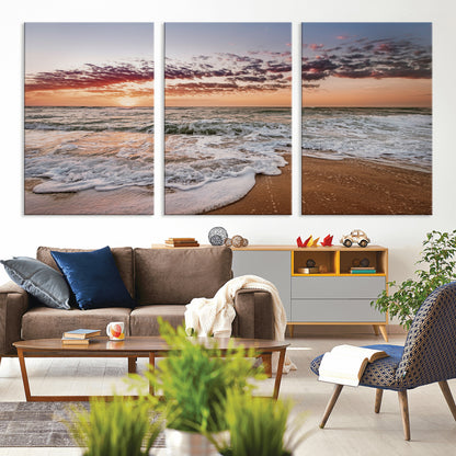 39846389-MGV-CV-36X24-Ocean Sunset Wall Art Canvas Print, Framed Sandy Shore Art Picture Print, Gentle Waves Perfect Minimalist Coastal Decor Artwork