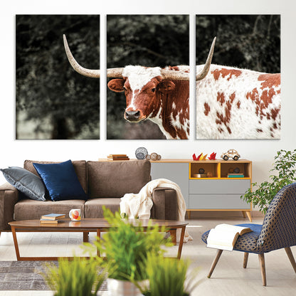 54027638-MGV-CV-36X24-Texas Longhorn Wall Art Canvas Print, Framed Spotted Cow Art Picture Print, Horned Bull Perfect Rustic Western Decor Artwork