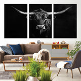 42077175-MGV-CV-36X24-Texas Longhorn Wall Art Canvas Print, Framed Monochrome Bull Art Picture Print, Horned Bull Perfect Rustic Western Decor Artwork
