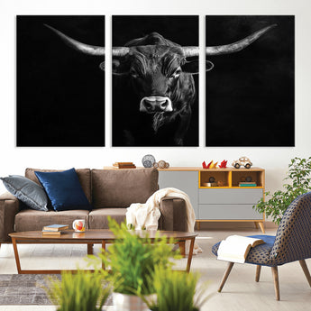 42077175-MGV-CV-36X24-Texas Longhorn Wall Art Canvas Print, Framed Monochrome Bull Art Picture Print, Horned Bull Perfect Rustic Western Decor Artwork